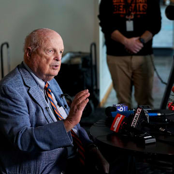 Team owner Mike Brown takes questions from reporters during the annual Cincinnati Bengals season kickoff luncheon at Paycor Stadium in downtown Cincinnati on Monday, July 22, 2024.