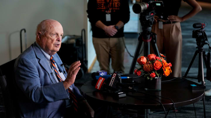 Team owner Mike Brown takes questions from reporters during the annual Cincinnati Bengals season kickoff luncheon at Paycor Stadium in downtown Cincinnati on Monday, July 22, 2024.