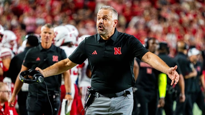 Nebraska Cornhuskers head coach Matt Rhule reacts after a call in their Week 1 game against the Cincinnati Bearcats. Nebraska Cornhuskers head coach Matt Rhule reacts after a call in their Week 1 game against the Cincinnati Bearcats.