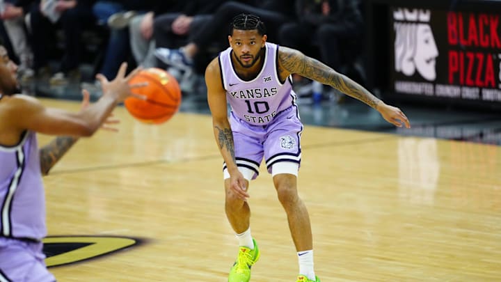 Feb 25, 2026; Boulder, Colorado, USA; Kansas State Wildcats guard David Castillo (10) passes the ball in the first half against the Colorado Buffaloes at the CU Events Center.