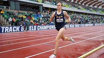 Jun 11, 2022; Eugene, OR, USA; Ceili McCabe of West Virginia places third in the women's steeplechase in 9:31.14 during the NCAA Track and Field Championships at Hayward Field. Mandatory Credit: Kirby Lee-Imagn Images