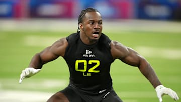 Feb 27, 2025; Indianapolis, IN, USA; Oregon linebacker Jeffrey Bassa (LB02) participates in drills during the 2025 NFL Combine at Lucas Oil Stadium.