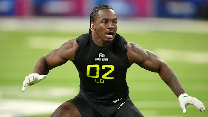 Feb 27, 2025; Indianapolis, IN, USA; Oregon linebacker Jeffrey Bassa (LB02) participates in drills during the 2025 NFL Combine at Lucas Oil Stadium. Mandatory Credit: Kirby Lee-Imagn Images