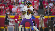 Sep 28, 2025; Kansas City, Missouri, USA; Baltimore Ravens quarterback Lamar Jackson (8) drops back to pass during the first half against the Kansas City Chiefs at GEHA Field at Arrowhead Stadium. Mandatory Credit: Jay Biggerstaff-Imagn Images