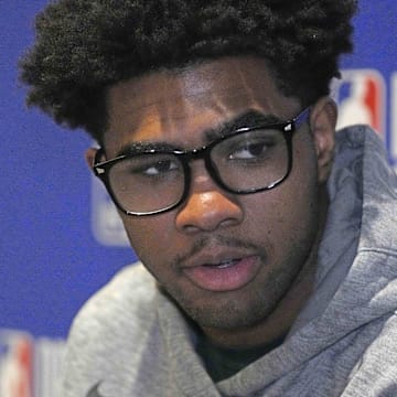 May 14, 2025; Chicago, Il, USA; Jase Richardson talks to the media during the 2025 NBA Draft Combine at Marriott Marquis Chicago. Mandatory Credit: David Banks-Imagn Images