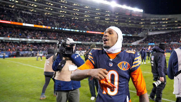 Jan 10, 2026; Chicago, IL, USA;  Chicago Bears wide receiver Luther Burden III (10) leaves the field following a game against the Green Bay Packers in an NFC Wild Card Round game at Soldier Field. Mandatory Credit: David Banks-Imagn Images
