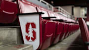 Dec 1, 2022; Stanford, California, USA; A detailed view of the Stanford logo on the seats before the game between the Stanford Cardinal and the UCLA Bruins at Maples Pavilion. Mandatory Credit: Stan Szeto-Imagn Images