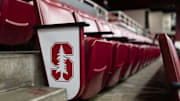 Dec 1, 2022; Stanford, California, USA; A detailed view of the Stanford logo on the seats before the game between the Stanford Cardinal and the UCLA Bruins at Maples Pavilion. Mandatory Credit: Stan Szeto-Imagn Images