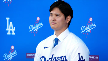 Dec 14, 2023; Los Angeles, CA, USA;  Los Angeles Dodgers player Shohei Ohtani is introduced at a