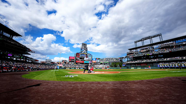 Sep 21, 2025; Denver, Colorado, USA; General view of the first inning between the Los Angeles Angels against the Colorado Rockies at Coors Field.