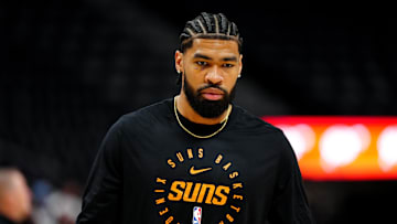 Mar 7, 2025; Denver, Colorado, USA; Phoenix Suns center Nick Richards (2) before the game against the Denver Nuggets at Ball Arena. Mandatory Credit: Ron Chenoy-Imagn Images