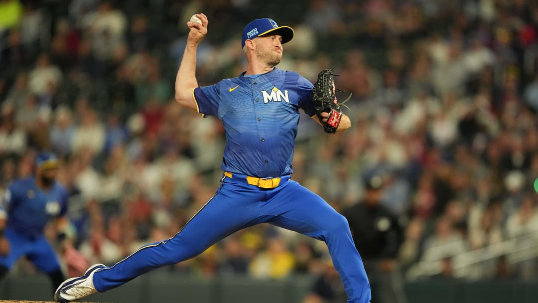 Aug 9, 2024; Minneapolis, Minnesota, USA; Minnesota Twins relief pitcher Trevor Richards (32) delivers a pitch during the ninth inning against the Cleveland Guardians at Target Field.