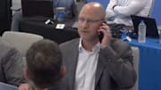 Chargers general manager Joe Hortiz on the phone during the 2024 NFL draft. 