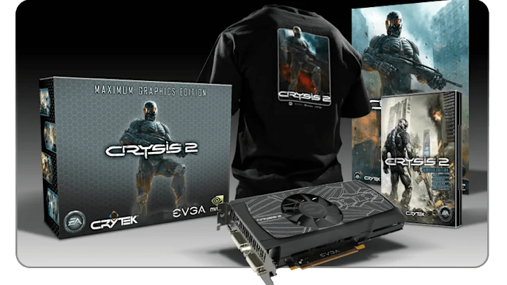 A copy of Cysis 2 with a t-shirt and a graphics card.