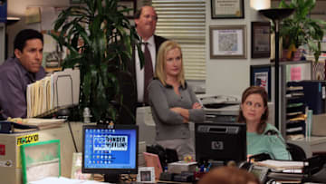 THE OFFICE -- "Junior Salesman" Episode 914 -- Pictured: (l-r) Oscar Nunez as Oscar Martinez, Brian Baumgartner as Kevin Malone, Angela Kinsey as Angela Martin, Jenna Fischer as Pam Beesly 