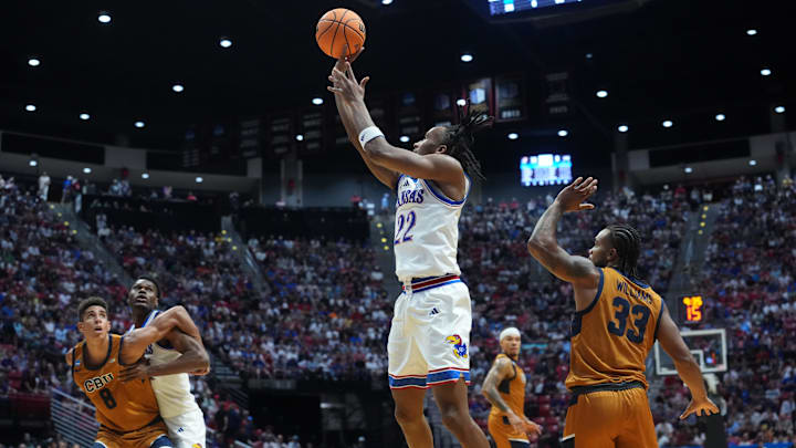 Mar 20, 2026; San Diego, CA, USA; Kansas Jayhawks guard Darryn Peterson (22) shoots against California Baptist Lancers guard Martel Williams (33) in the first half during a first round game of the men's 2026 NCAA Tournament at Viejas Arena. Mandatory Credit: Kirby Lee-Imagn Images