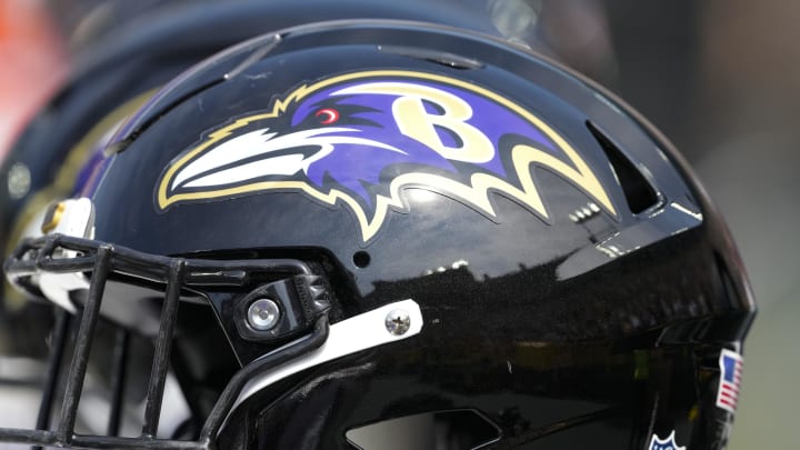 Aug 24, 2024; Green Bay, Wisconsin, USA;  General view of a Baltimore Ravens helmet prior to the game against the Green Bay Packers at Lambeau Field. Mandatory Credit: Jeff Hanisch-USA TODAY Sports