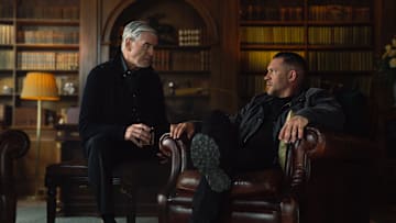 Pierce Brosnan as Conrad Harrigan and Tom Hardy as Harry Da Souza in MOBLAND, episode 8, 'Helter Skelter.' Photo Credit: Luke Varley/Paramount+