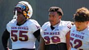 Arizona State defensive linemen Ramar Williams (55), CJ Fite (99) and Manamo’ui Muti (52) take a breath during the first day of fall practice in Tempe, Ariz. on July 30, 2025.