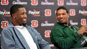 Ja’marr Chase reacts to Tee Higgins saying he plans to send his new money on an aquarium built into the wall of his home during a press conference to announce the signing of new contracts for Cincinnati Bengals wide receivers Ja’Marr Chase and Tee Higgins at Paycor Stadium in downtown Cincinnati on Tuesday, March 18, 2025. Chase becomes the new highest-paid non-quarterback player in the NFL.