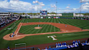 Mar 8, 2024; Surprise, Arizona, USA; A general view of game action between the Texas Rangers and the Kansas City Royals during the third inning at Surprise Stadium. Mandatory Credit: Joe Camporeale-Imagn Images