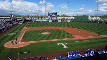 Mar 8, 2024; Surprise, Arizona, USA; A general view of game action between the Texas Rangers and the Kansas City Royals during the third inning at Surprise Stadium. Mandatory Credit: Joe Camporeale-Imagn Images
