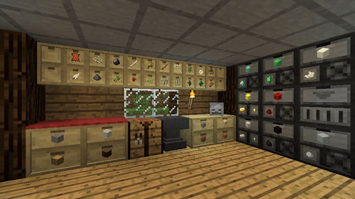 A room lined with full storage drawers in Minecraft.