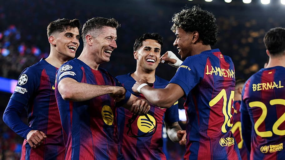 Barcelona players celebrating.