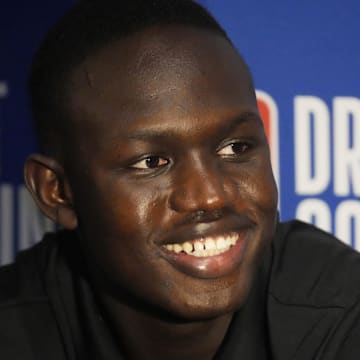 May 14, 2025; Chicago, Il, USA; Khaman Maluach talks to the media during the 2025 NBA Draft Combine at Marriott Marquis Chicago. Mandatory Credit: David Banks-Imagn Images