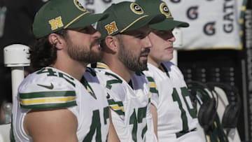 Green Bay Packers long snapper Matt Orzech (42), place kicker Brandon McManus (17) and punter Daniel Whelan (19) are shown before their game against the Houston Texans at Lambeau Field.