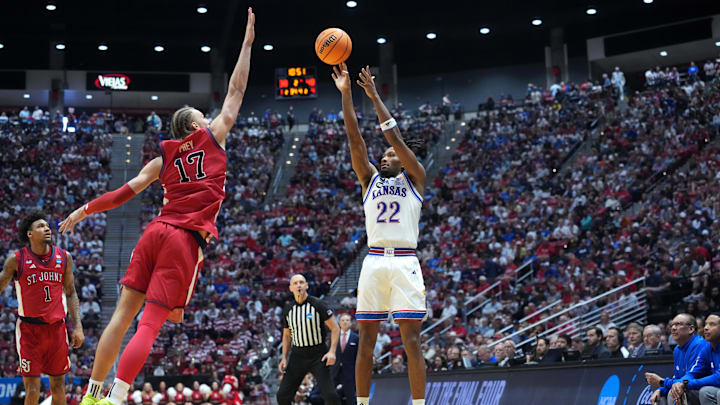 Mar 22, 2026; San Diego, CA, USA; Kansas Jayhawks guard Darryn Peterson (22) shoots against St. John's Red Storm forward Rubén Prey (17) in the second half during a second round game of the men's 2026 NCAA Tournament at Viejas Arena. Mandatory Credit: Kirby Lee-Imagn Images