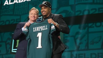 Apr 24, 2025; Green Bay, WI, USA; NFL commissioner Roger Goodell with Alabama Crimson Tide linebacker Jihaad Campbell after he is selected by the Philadelphia Eagles as the number 31 pick in the first round of the 2025 NFL Draft at Lambeau Field.