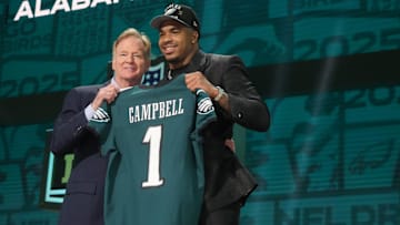 Apr 24, 2025; Green Bay, WI, USA; NFL commissioner Roger Goodell with Alabama Crimson Tide linebacker Jihaad Campbell after he is selected by the Philadelphia Eagles as the number 31 pick in the first round of the 2025 NFL Draft at Lambeau Field. Mandatory Credit: Kirby Lee-Imagn Images