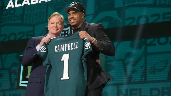 Apr 24, 2025; Green Bay, WI, USA; NFL commissioner Roger Goodell with Alabama Crimson Tide linebacker Jihaad Campbell after he is selected by the Philadelphia Eagles as the number 31 pick in the first round of the 2025 NFL Draft at Lambeau Field. Mandatory Credit: Kirby Lee-Imagn Images
