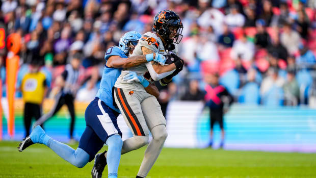 Jun 9, 2024; Toronto, Ontario, CAN; BC Lions wide receiver Justin McInnis (18) runs the ball against the Toronto Argonauts at BMO Field. Mandatory Credit: Kevin Sousa-USA TODAY Sports