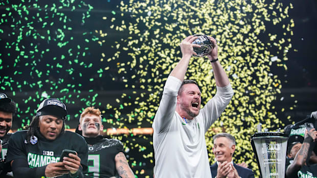 Oregon Ducks head coach Dan Lanning celebrates Saturday, Dec. 7, 2024, during the Big Ten Championship game between the Orego