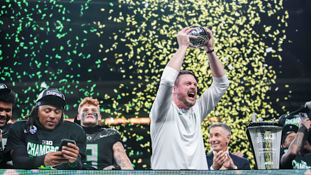 Oregon Ducks head coach Dan Lanning celebrates Saturday, Dec. 7, 2024, during the Big Ten Championship game between the Orego