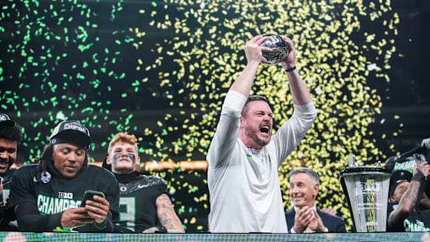 Oregon Ducks head coach Dan Lanning celebrates Saturday, Dec. 7, 2024, during the Big Ten Championship game between the Orego