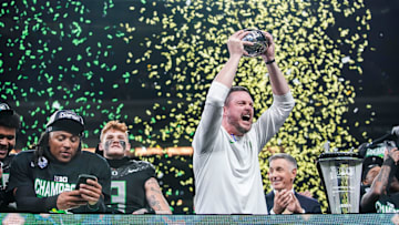 Oregon Ducks head coach Dan Lanning celebrates Saturday, Dec. 7, 2024, during the Big Ten Championship game between the Oregon Ducks and the Penn State Nittany Lions at Lucas Oil Stadium in Indianapolis. The Ducks defeated the Nittany Lions, 45-37.