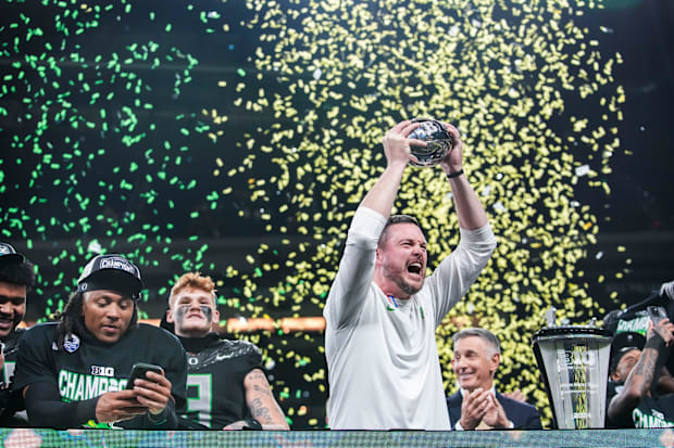 Oregon Ducks head coach Dan Lanning celebrates Saturday, Dec. 7, 2024, during the Big Ten Championship game between the Orego