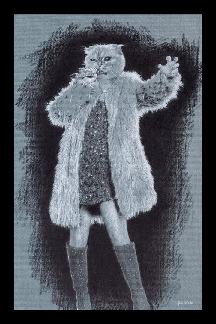 sketch of taylor swift with a cat head by matthew grabelsky