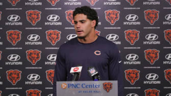 Austin Booker addresses the media at Bears rookie minicamp. Booker is now under contract.