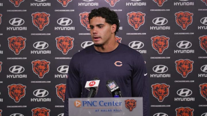 Austin Booker addresses the media at Bears rookie minicamp. Booker is now under contract.