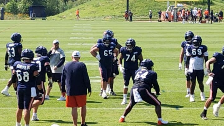 Nate Davis (64) returned from injury for a few drills Sunday as the Bears offensive line is in need of healthy bodies.