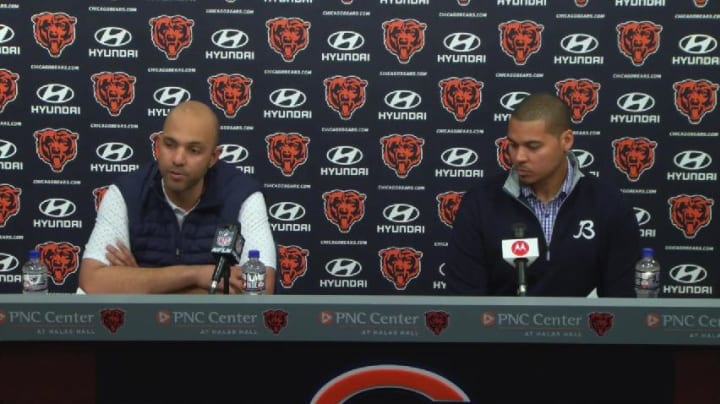 Assistant GM Ian Cunningham (left) and GM Ryan Poles address the media at Halas Hall about the draft.