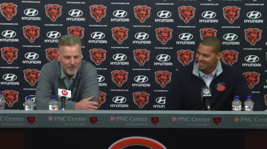 Matt Eberflus and Ryan Poles enjoy the thought of some of their new recruits during their post-draft press conference.
