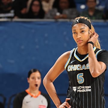 Angel Reese during the Sky’s game against the Wings.