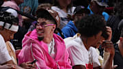 LaMelo Ball sat courtside for the Hornets Summer League game on Friday in Las Vegas.