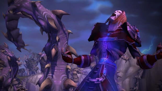 World of Warcraft shadow priest laughs while surrounded by chaos.