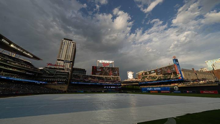 Jun 5, 2026; Minneapolis, Minnesota, USA; Minneapolis is seen during a rain delay before the game between the Kansas City Royals and Minnesota Twins at Target Field. Mandatory Credit: Matt Blewett-Imagn Images